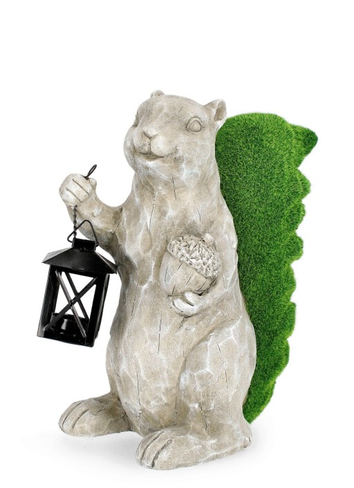 Decoratiune de gradina Garden Squirrel W-Lantern, Bizzotto, 26x18.5x35 cm, magneziu, gri/verde