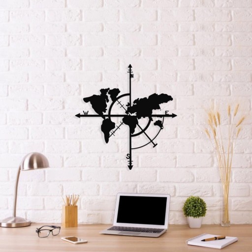 Decorațiune metalică de perete Compass World Map, 48 x 50 cm, negru