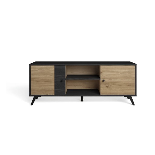Comodă TV negru/natural cu aspect de lemn de stejar 136x53 cm Bocami – Marckeric