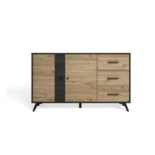 Comodă negru/natural joasă cu aspect de lemn de stejar 136x81 cm Bocami – Marckeric