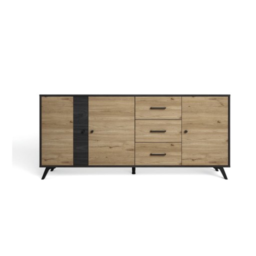 Comodă negru/natural joasă cu aspect de lemn de stejar 181x81 cm Bocami – Marckeric