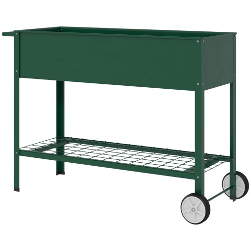 Outsunny Jardinieră Exterioară cu Raft Inferior pentru Unelte, Jardinieră Metalică cu 2 Roți și Mâner, 104x39x80 cm, Verde